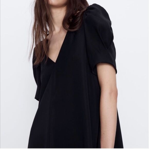 Zara Women Black Short Puff Sleeves Short Mini Dress Flowy V Neck XS - Picture 3 of 14